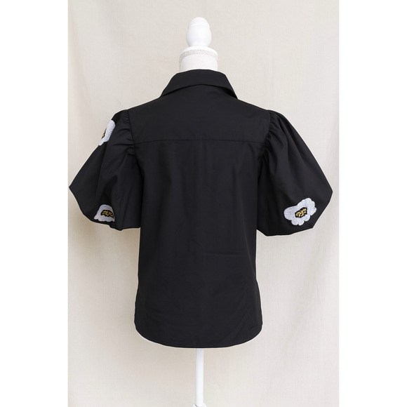 By Design S Black Puff Sleeve Button Up Embroidered Top NWT Poplin Holiday Chic - Picture 2 of 11